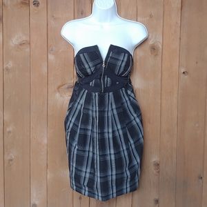 Black plaid strapless dress